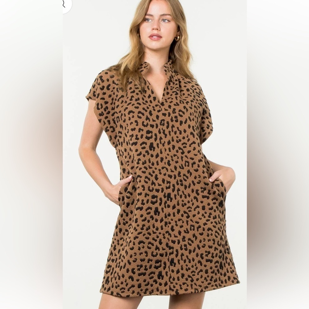 THML Jolene Leopard Print Shift Dress Ruffle Neckline